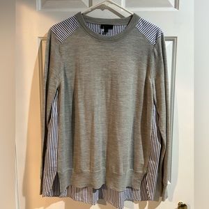 J Crew Gray Merino Wool Front Blue White Stripe Cotton Back Sweater Top Size L
